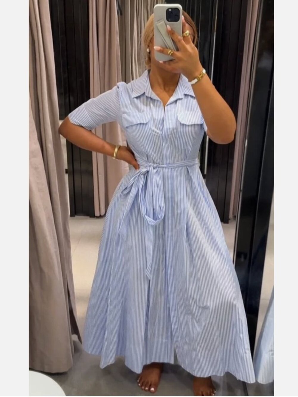 Zara Blue and White Striped Maxi Poplin Shirt dress Waist Tie S M NWT 2640/596 - Picture 5 of 17